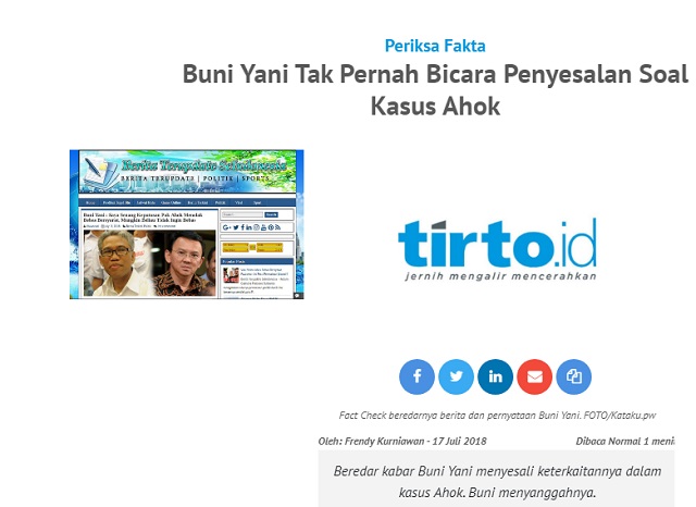 [Cek Fakta] Buni Yani Menyesal telah Memenjarakan Ahok? Ini Faktanya