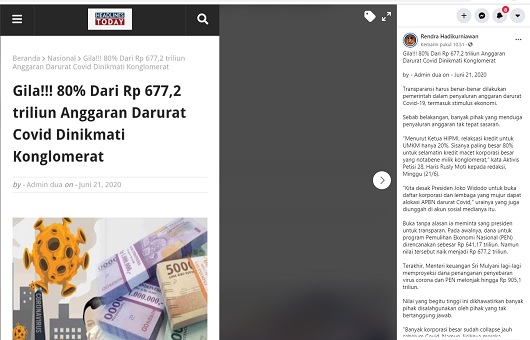 [Cek Fakta] Anggaran Darurat Covid-19, 80 Persen untuk Konglomerat, Hoaks, Ini Faktanya