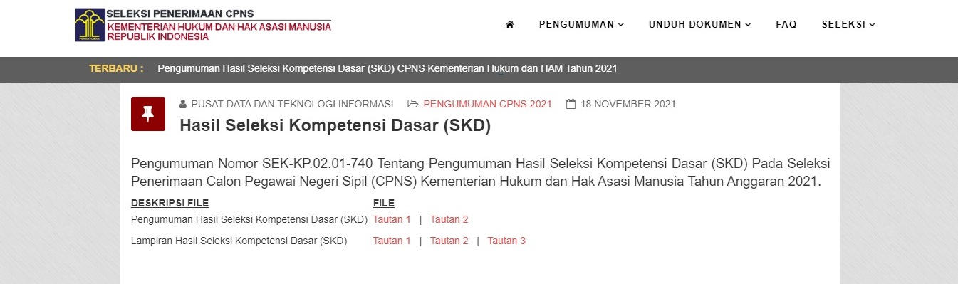 Hasil SKD CPNS Kemenkumham 2021 sudah keluar. Tangkapan layar situs CPNS Kemenkumham.