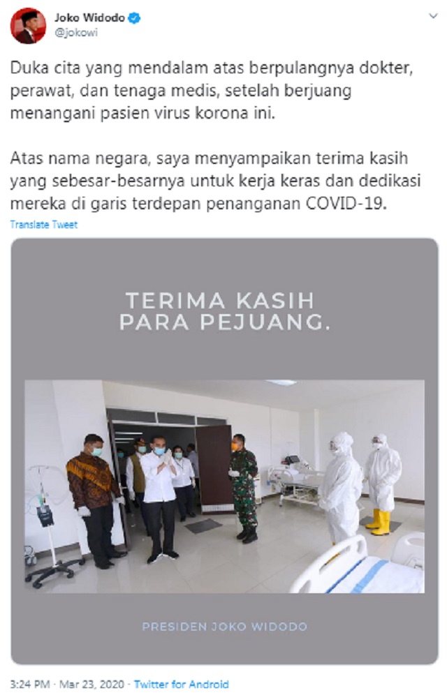 [Cek Fakta] Tenaga Medis Gugur karena Korona, Jokowi Cuek? Ini Faktanya