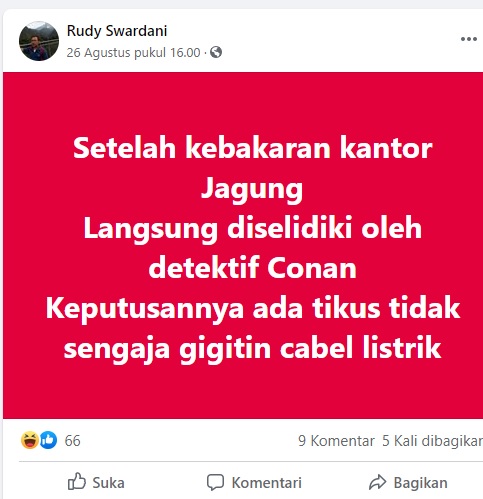 [Cek Fakta] Kebakaran Gedung Kejagung karena Tikus Gigit Kabel Listrik? Ini Faktanya