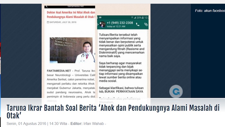 [Cek Fakta] Profesor Neurologi Sebut Ahok Mengalami Masalah Otak? Ini Faktanya