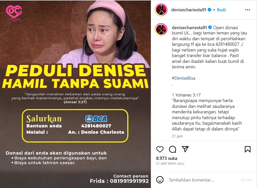Hamil Tanpa Suami, Denise Chariesta Open Donasi Untuk Biaya Persalinan