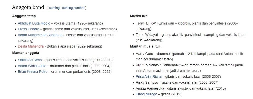 Ada nama Desta Mahendra dalam laman Wikipedia Sheila on 7. Foto: Wikipedia Sheila on 7