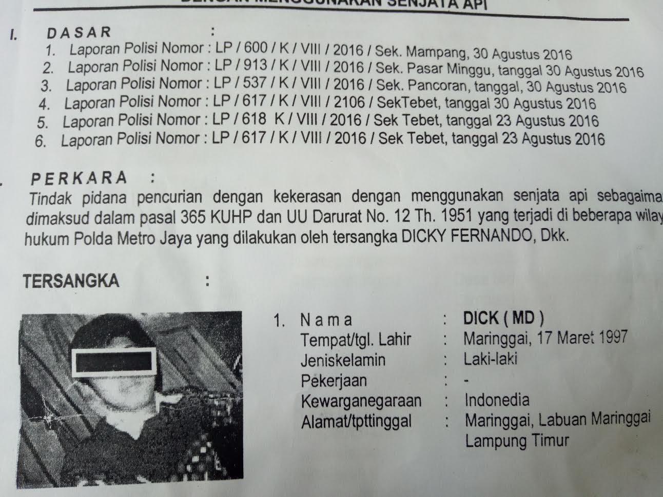 Pelaku Ungkap 25 Lokasi Begal di Jaksel