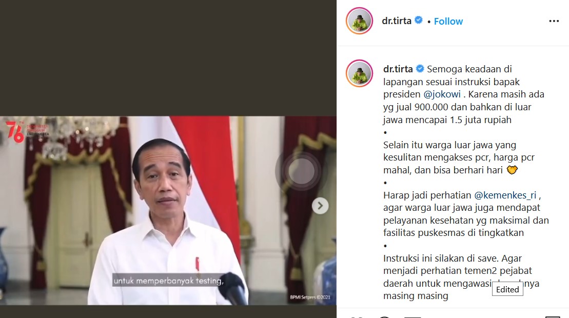 Jokowi Perintahkan Harga Tes PCR Turun, Dokter Tirta Sorot Ini