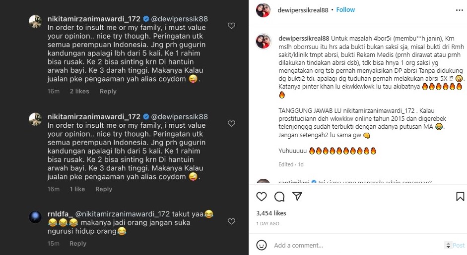 Nikita Mirzani menuding Dewi Perssik aborsi. Instagram dewiperssikreal88