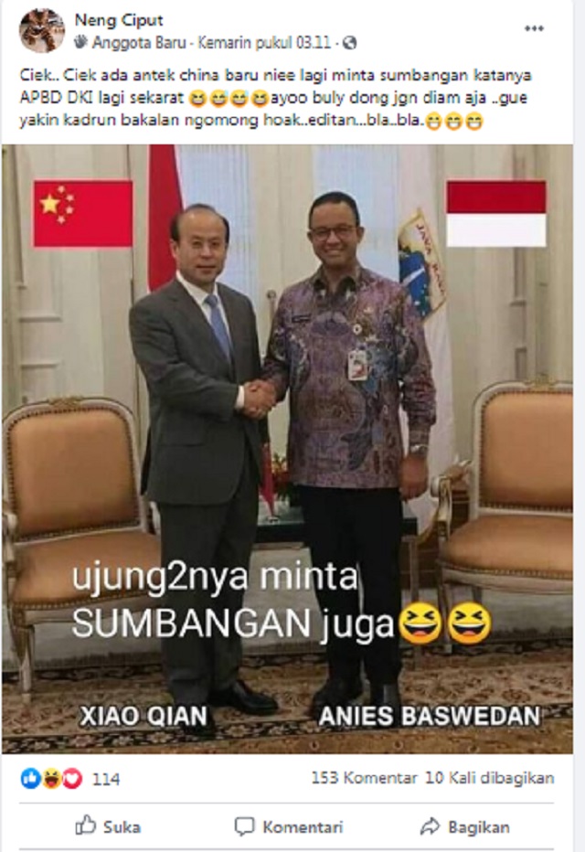 [Cek Fakta] Penampakan Anies Minta Sumbangan ke Dubes Tiongkok saat APBD DKI Sekarat? Ini Faktanya