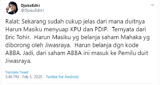 Duit Suap Harun Masiku Untuk Kpu Dan Pdip Berasal Dari Erick Thohir Medcom Id