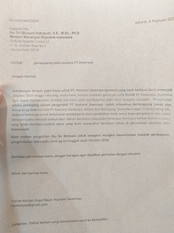 Surat Nasabah Jiwasraya untuk Sri Mulyani dan Komisioner OJK