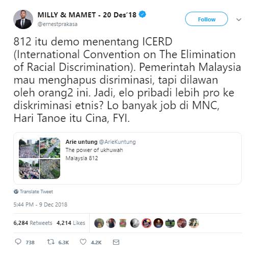Ernest Prakasa Tegur Arie Untung Terkait Isu Diskriminasi Etnis