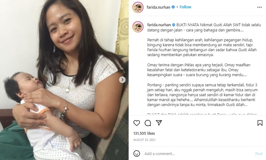 Farida Nurhan menceritakan masa susah saat hamil dan melahirkan. Instagram @farida.nurhan