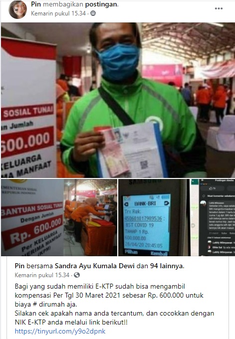 [Cek Fakta] <i>Link</i> Bantuan Kompensasi Biaya di Rumah Saja Rp600 Ribu? Ini Faktanya