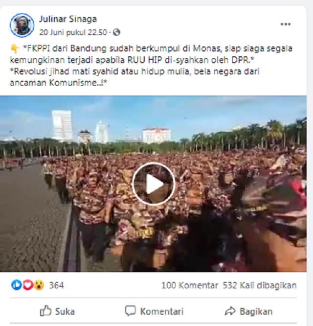 [Cek Fakta] Video Ormas FKPPI Kumpul di Monas Siap Siaga Menentang Pengesahan RUU HIP? Ini Faktanya