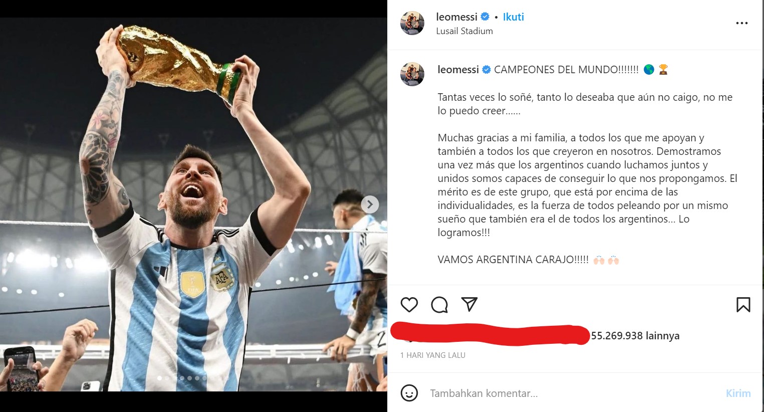 Foto Messi Rayakan Juara Piala Dunia Tembus 55 Juta <i>Likes</i> di Instagram, Bakal Pecahkan Rekor Foto Telur?