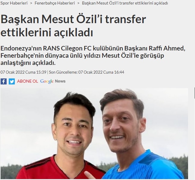 Media Turki memberitakan isu kepindahan Ozil ke RANS Cilegon FC