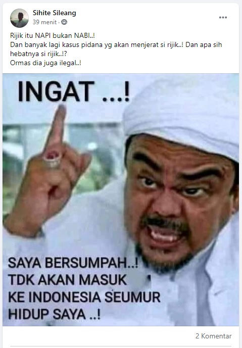 [Cek Fakta] Habib Rizieq Bersumpah Tidak akan Masuk Indonesia Seumur Hidup? Ini faktanya