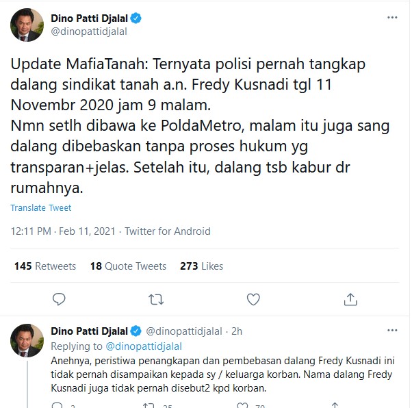 Dino Patti Djalal Heran Polisi Bebaskan Fredy ‘Dalang’ Mafia Tanah