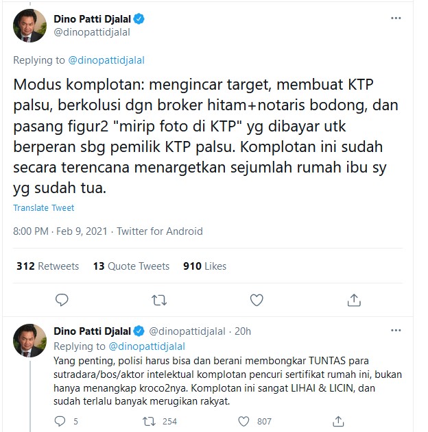 Ibunda Jadi Korban  Mafia Sertifikat Rumah, Dino Patti Djalal Ungkap Modusnya
