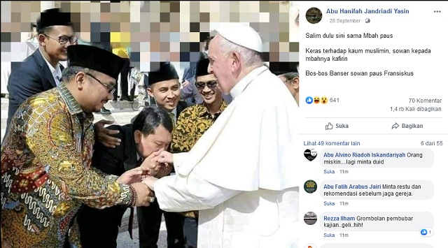 [Cek Fakta] Pejabat NU Rebutan Mencium Tangan Paus Fransiskus?