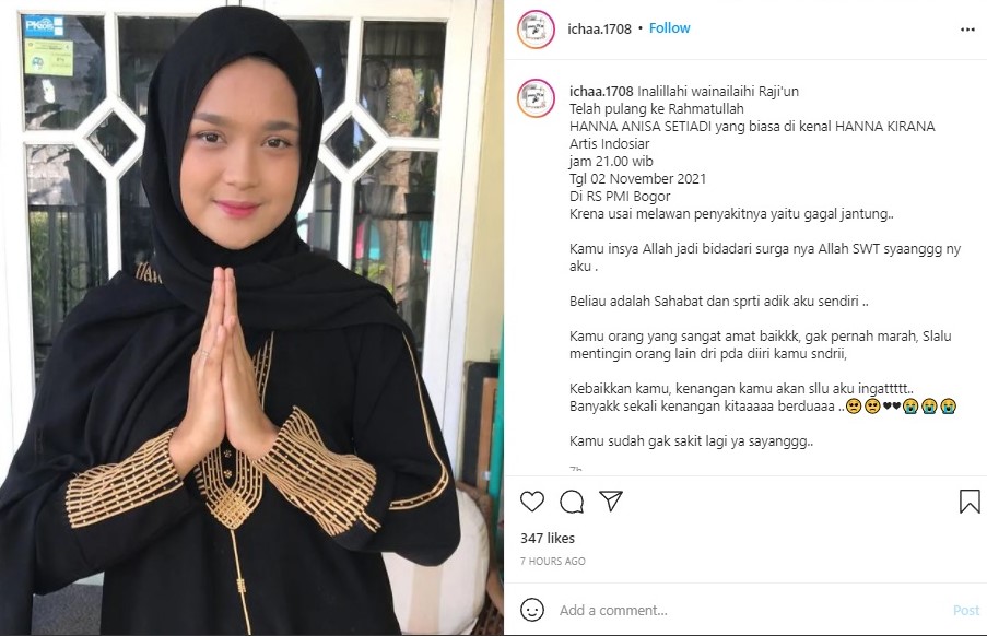 Hanna Kirana meninggal dunia karena gagal jantung. Instagram @ichaa.1708