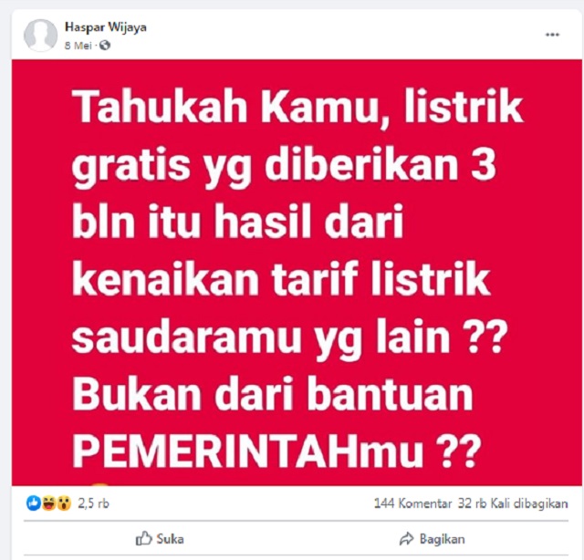 [Cek Fakta] Listrik Gratis Hasil Kenaikan Tarif 'Saudaramu' yang Lain? Ini Faktanya