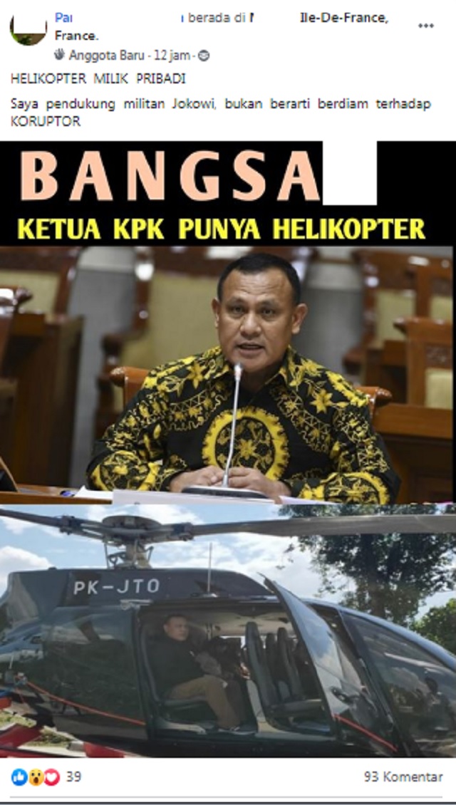 [Cek Fakta] Beredar Foto Helikopter Milik Pribadi Ketua KPK? Ini Faktanya