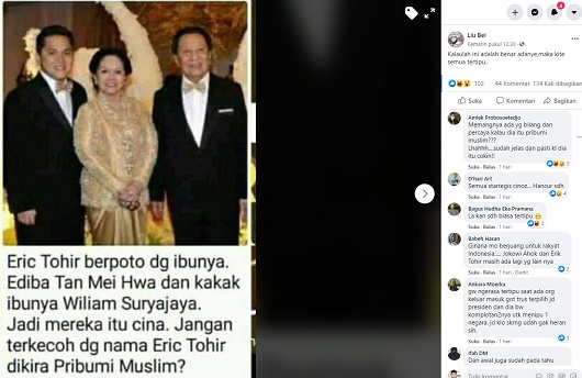 [Cek Fakta] Ibunda Erick Thohir Bernama Tan Mei Hwa Kakak Pendiri Astra? Ini Faktanya