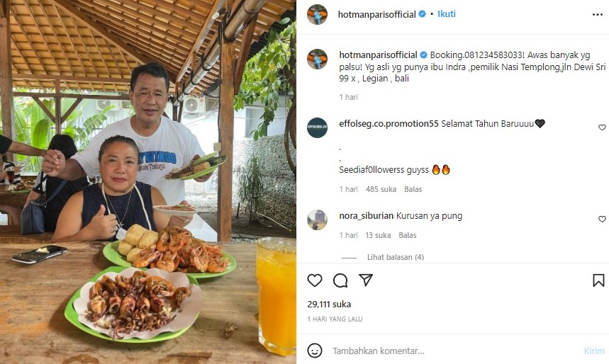 Hotman Paris sedang berada di Bali. Instagram @hotmanparisofficial
