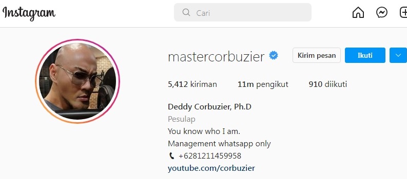 Jumlah pengikut Instagram Deddy Corbuzier tersisa 11 juta