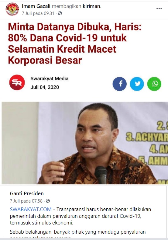 [Cek Fakta] 80 Persen Dana Covid-19 untuk Menyelamatkan Kredit Macet Korporasi Besar? Ini Faktanya