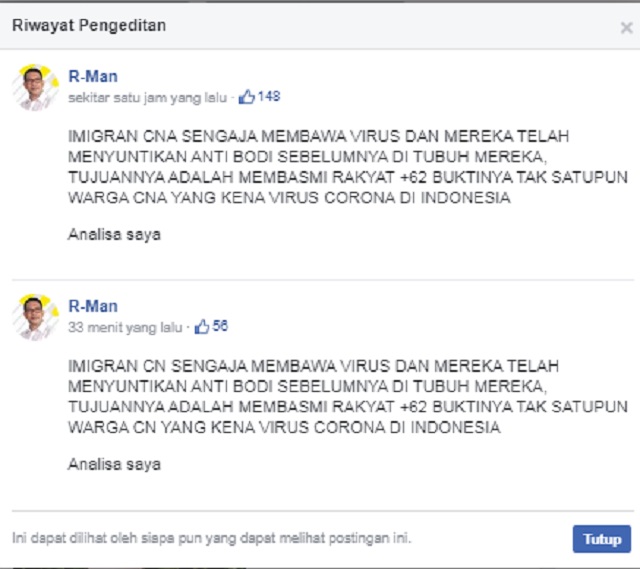 [Cek Fakta] Tak Ada Satupun Warga Tiongkok Terkena Virus Korona di Indonesia? Ini Faktanya