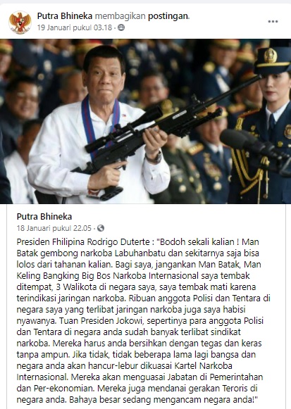 [Cek Fakta] Presiden Filipina Rodrigo Duterte Ingatkan Jokowi, Indonesia akan Dikuasai Kartel Narkoba Internasional? Ini Faktanya