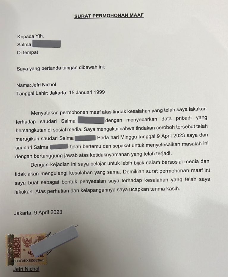Salah Doxing, Jefri Nichol Minta Maaf ke Korban di Surat Bermaterai