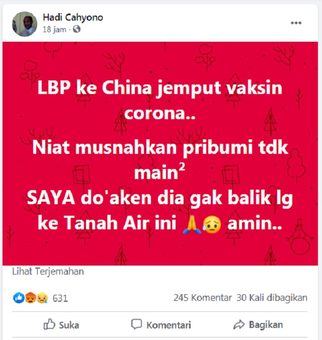 [Cek Fakta] Luhut Jemput Vaksin Covid-19 ke Tiongkok dengan Niat Musnahkan Pribumi? Ini Faktanya