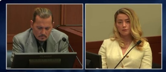 Johnny Depp dan Amber Heard dalam sidang pencemaran nama baik, Rabu, 20 April 2022. Twitter Law & Crime Network