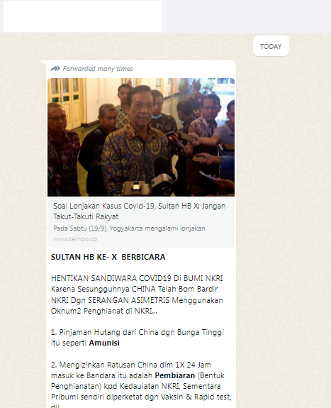 [Cek Fakta] Jika Anda Dapat Pesan WA Sultan Hamengku Buwono X Sebut Covid-19 Sandiwara? Ini Faktanya