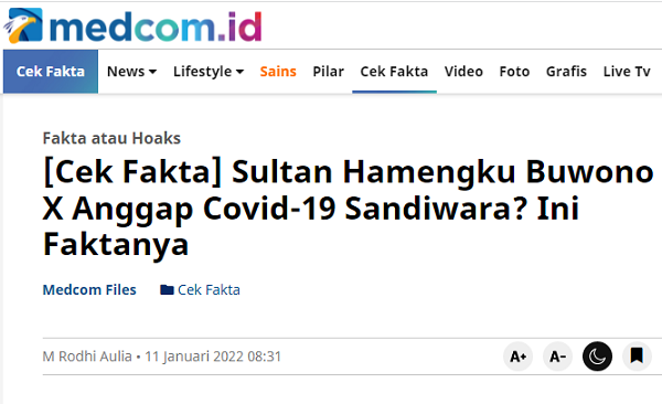 [Cek Fakta] Jika Anda Dapat Pesan WA Sultan Hamengku Buwono X Sebut Covid-19 Sandiwara? Ini Faktanya