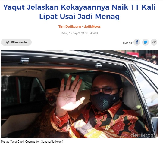 [Cek Fakta] Benarkah Kekayaan Yaqut Meningkat Tajam setelah 9 Bulan jadi Menteri Agama? Ini Faktanya