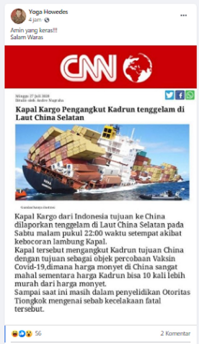 [Cek Fakta] Kapal Kargo Pengangkut Kadrun Tenggelam di Laut China Selatan? Ini Faktanya