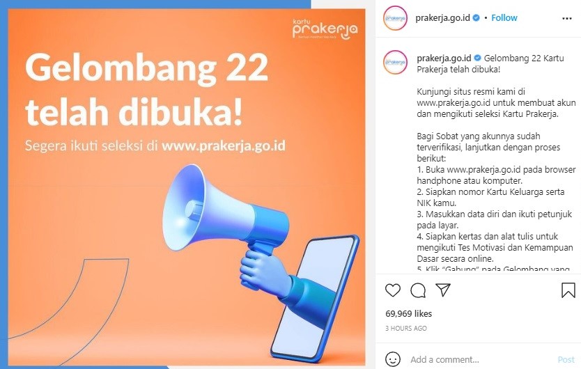 Pendaftaran kartu prakerja gelombang 22 telah dibuka pada Senin, 25 Oktober 2021. Instagram @prakerja,go.id
