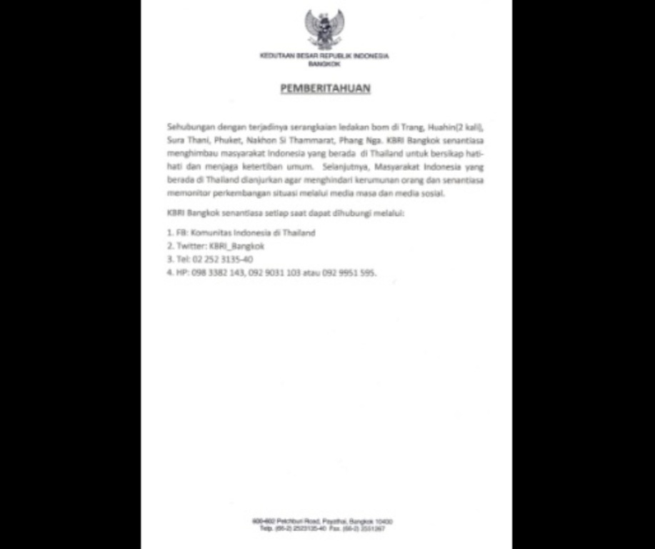 KBRI Bangkok Imbau WNI Waspadai Situasi Thailand Usai Ledakan