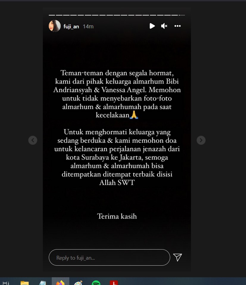 Unggahan adi ipar Vanessa Angel (Instagram @fuji_an)