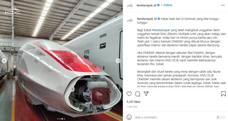 Penampakan Kereta Cepat Jakarta-Bandung, Si Komodo. Foto: Instagram @keretacepat_id