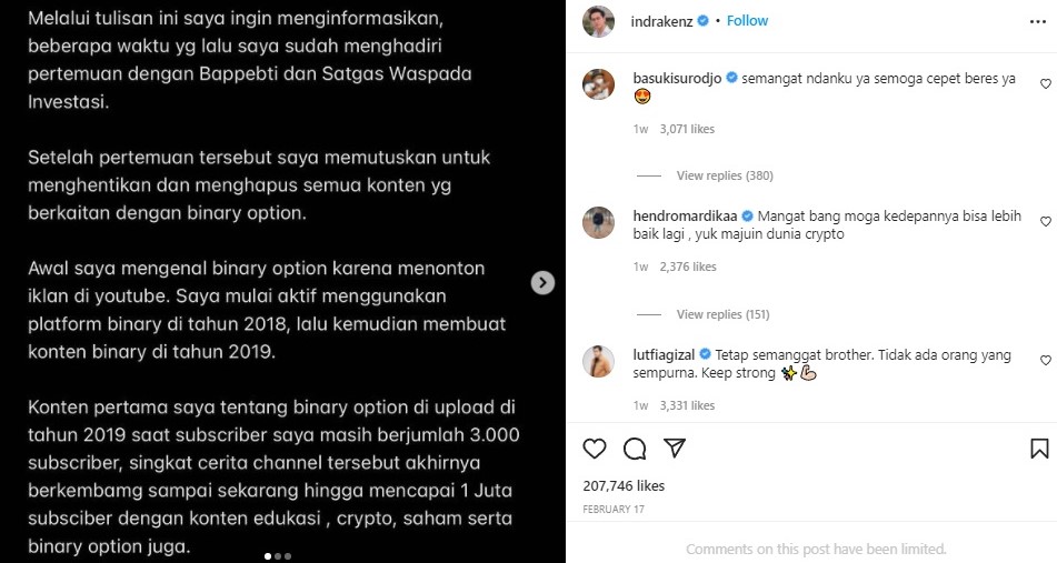 Indra Kenz mendapat banyak dukungan. Instagram indrakenz