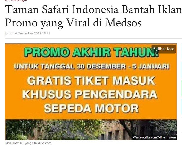 [Cek Fakta] Promo Akhir Tahun Tiket Gratis Taman Safari Bogor untuk Roda Dua? Ini Faktanya