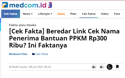 [Cek Fakta] Beredar Link Cek Daftar Penerima Bantuan PPKM? Ini Faktanya