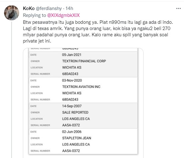 Netizen sebut pesawat jet Juragan 99 bodong. Twitter @ferdianshy