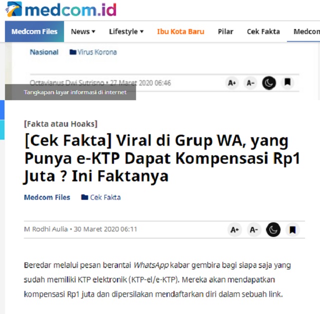 [Cek Fakta] Setiap Pemilik KTP Elektronik Dapat Rp680 Ribu Kompensasi #DiRumahSaja? Ini Faktanya