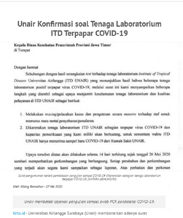 [Cek Fakta] Seluruh Petugas Laboratorium UNAIR Positif Covid-19? Ini Faktanya